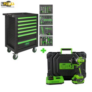 Carrinho de Ferramentas com 7 Gavetas - Verde + Chave de Impacto a Bateria 1/2" 1000 NM